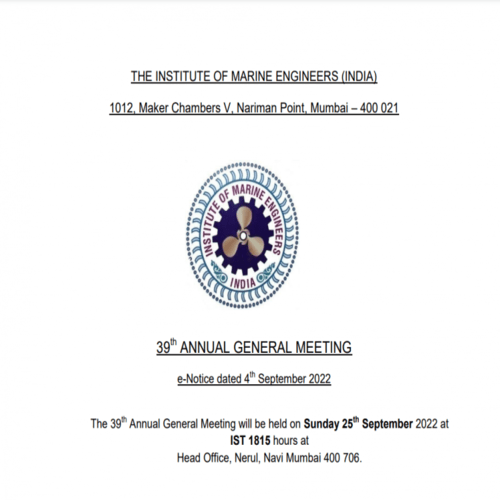Notice for 39th AGM to be held on 25th Sept. 2022 at 1815 hrs at Nerul, Navi Mumbai